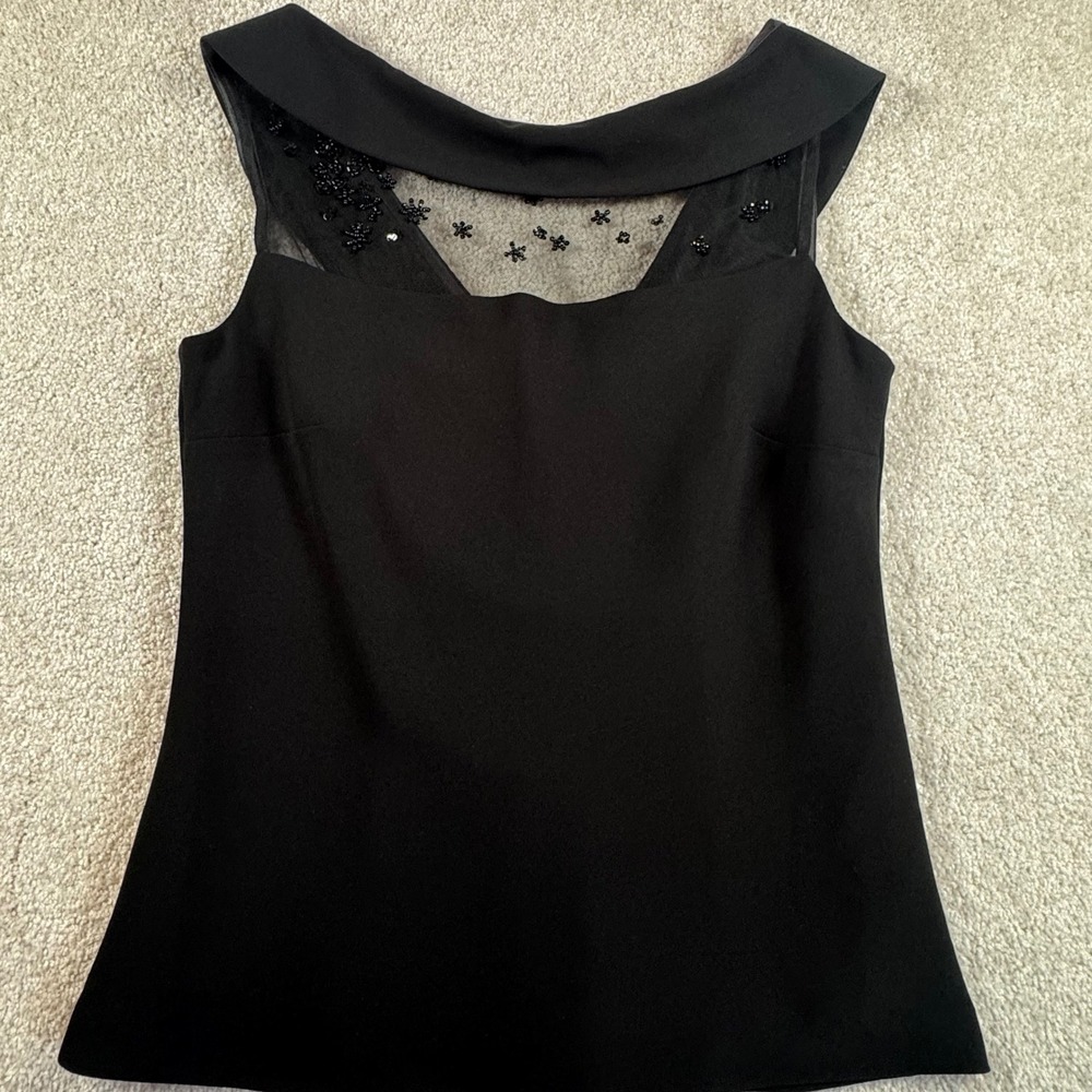 Evan-Picone Black Beaded Mesh Portrait Neckline Evening Blouse Top Womens Size 6